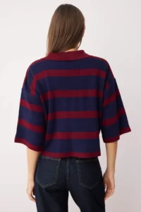 TRENDYOLMİLLA Burgundy Polo Shirt Collar Basic Striped Knitwear Sweater - Image 4