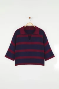 TRENDYOLMİLLA Burgundy Polo Shirt Collar Basic Striped Knitwear Sweater - Image 5