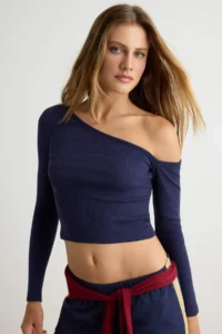 TRENDYOLMİLLA Indigo Fitted Asymmetric Collar off shoulder Ribbed Flexible Knitting Blouse