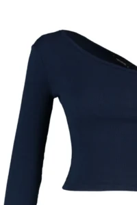 TRENDYOLMİLLA Indigo Fitted Asymmetric Collar off shoulder Ribbed Flexible Knitting Blouse - Image 10