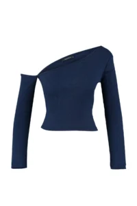 TRENDYOLMİLLA Indigo Fitted Asymmetric Collar off shoulder Ribbed Flexible Knitting Blouse - Image 11