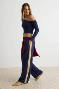 TRENDYOLMİLLA Indigo Fitted Asymmetric Collar off shoulder Ribbed Flexible Knitting Blouse - Image 2