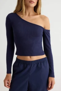 TRENDYOLMİLLA Indigo Fitted Asymmetric Collar off shoulder Ribbed Flexible Knitting Blouse - Image 3