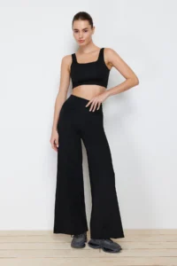TRENDYOLMİLLA Black Scuba/Diver Wide Leg Beli Katlanabilir Knitting Sports Sweatpants - Image 2