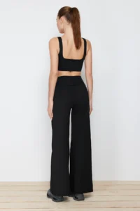 TRENDYOLMİLLA Black Scuba/Diver Wide Leg Beli Katlanabilir Knitting Sports Sweatpants - Image 7