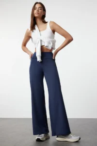TRENDYOLMİLLA Dark NAVY Scuba/Diver Wide Leg Beli Katlanabilir Knitting Sports Sweatpants