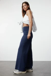 TRENDYOLMİLLA Dark NAVY Scuba/Diver Wide Leg Beli Katlanabilir Knitting Sports Sweatpants - Image 2