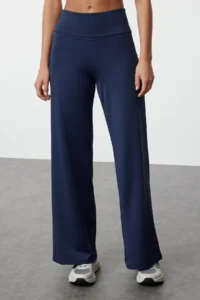 TRENDYOLMİLLA Dark NAVY Scuba/Diver Wide Leg Beli Katlanabilir Knitting Sports Sweatpants - Image 4