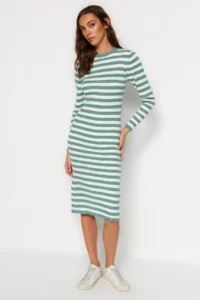 TRENDYOLMİLLA MINT Midi Knitwear Basic Striped Dress - Image 2