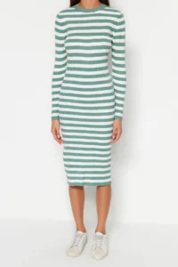 TRENDYOLMİLLA MINT Midi Knitwear Basic Striped Dress - Image 4