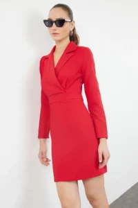 TRENDYOLMİLLA Red Jacket Collar Mini Weaving Dress - Image 2