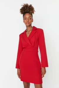 TRENDYOLMİLLA Red Jacket Collar Mini Weaving Dress - Image 6