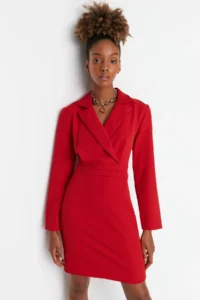 TRENDYOLMİLLA Red Jacket Collar Mini Weaving Dress - Image 8