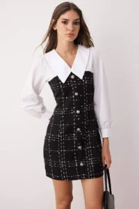 TRENDYOLMİLLA Black Plaid/Checkered A-Cut/Life Form Short / Mini Weaving Dress - Image 2