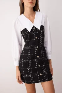 TRENDYOLMİLLA Black Plaid/Checkered A-Cut/Life Form Short / Mini Weaving Dress - Image 3
