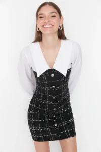 TRENDYOLMİLLA Black Plaid/Checkered A-Cut/Life Form Short / Mini Weaving Dress - Image 7