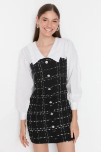 TRENDYOLMİLLA Black Plaid/Checkered A-Cut/Life Form Short / Mini Weaving Dress - Image 8