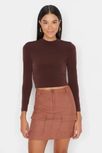 TRENDYOLMİLLA Brown High Neck Fitted Long Sleeve Shirred Flexible Knitting Blouse - Image 2