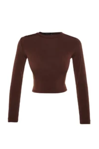 TRENDYOLMİLLA Brown High Neck Fitted Long Sleeve Shirred Flexible Knitting Blouse - Image 7