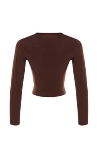 TRENDYOLMİLLA Brown High Neck Fitted Long Sleeve Shirred Flexible Knitting Blouse - Image 9