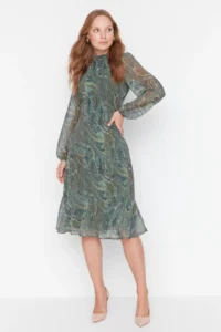 TRENDYOLMİLLA Green Shawl Patterned A-Cut/Life Form Midi Weaving Siphon Dress