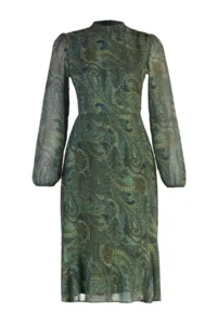 TRENDYOLMİLLA Green Shawl Patterned A-Cut/Life Form Midi Weaving Siphon Dress - Image 6