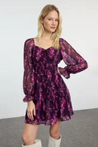 TRENDYOLMİLLA Plum Floral skater/Belden Flared Short / Mini Weaving Siphon Dress - Image 2