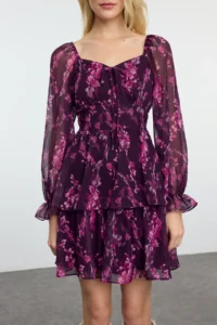 TRENDYOLMİLLA Plum Floral skater/Belden Flared Short / Mini Weaving Siphon Dress - Image 3