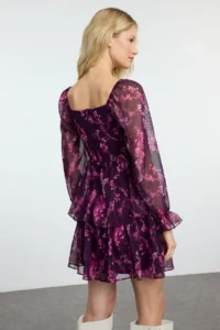 TRENDYOLMİLLA Plum Floral skater/Belden Flared Short / Mini Weaving Siphon Dress - Image 5