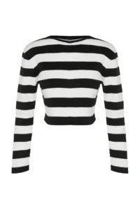 TRENDYOLMİLLA Black Crop Basic Striped Knitwear Sweater - Image 6