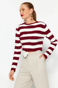 TRENDYOLMİLLA Burgundy Crop Basic Striped Knitwear Sweater - Image 3