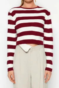 TRENDYOLMİLLA Burgundy Crop Basic Striped Knitwear Sweater - Image 4