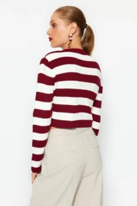 TRENDYOLMİLLA Burgundy Crop Basic Striped Knitwear Sweater - Image 5