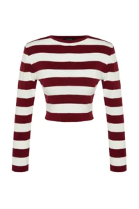 TRENDYOLMİLLA Burgundy Crop Basic Striped Knitwear Sweater - Image 6