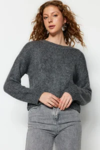 TRENDYOLMİLLA Anthracite Wide Pattern Soft textured Basic Knitwear Sweater - Image 2