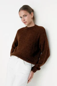 TRENDYOLMİLLA Brown Wide Pattern Soft textured Basic Knitwear Sweater - Image 2