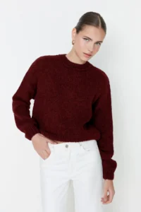 TRENDYOLMİLLA Burgundy Wide Pattern Soft textured Basic Knitwear Sweater - Image 6