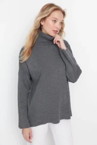 TRENDYOLMİLLA Gray Wide Pattern Basic Knitwear Sweater - Image 3