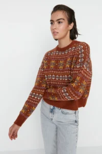 TRENDYOLMİLLA Brown Wide Pattern Soft textured Patterned Knitwear Sweater - Image 5