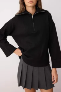TRENDYOLMİLLA Black Wide Pattern Soft textured Zippered Knitwear Sweater - Image 3