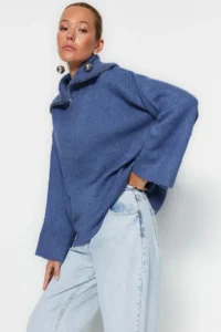 TRENDYOLMİLLA BLUE Wide Pattern Soft textured Zippered Knitwear Sweater - Image 2