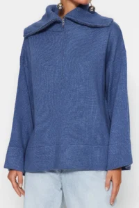 TRENDYOLMİLLA BLUE Wide Pattern Soft textured Zippered Knitwear Sweater - Image 3