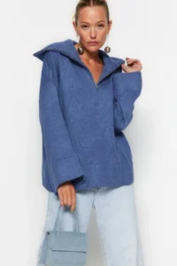 TRENDYOLMİLLA BLUE Wide Pattern Soft textured Zippered Knitwear Sweater - Image 4