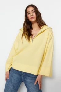 TRENDYOLMİLLA Yellow Wide Pattern Soft textured Zippered Knitwear Sweater - Image 3