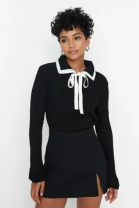 TRENDYOLMİLLA Black Color Bloklu Ribbon/Fiyonk Detailed Knitwear Sweater