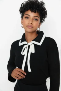 TRENDYOLMİLLA Black Color Bloklu Ribbon/Fiyonk Detailed Knitwear Sweater - Image 2