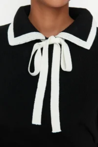 TRENDYOLMİLLA Black Color Bloklu Ribbon/Fiyonk Detailed Knitwear Sweater - Image 3