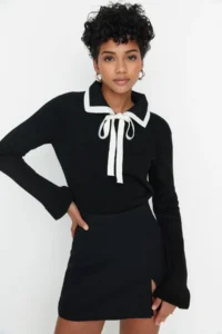 TRENDYOLMİLLA Black Color Bloklu Ribbon/Fiyonk Detailed Knitwear Sweater - Image 4