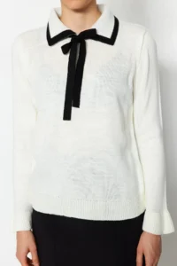 TRENDYOLMİLLA Ecru Color Bloklu Ribbon/Fiyonk Detailed Knitwear Sweater - Image 4