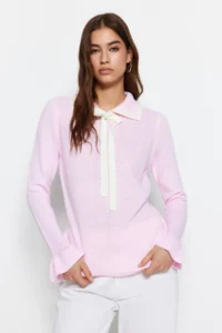 TRENDYOLMİLLA Powder PINK Color Bloklu Ribbon/Fiyonk Detailed Knitwear Sweater